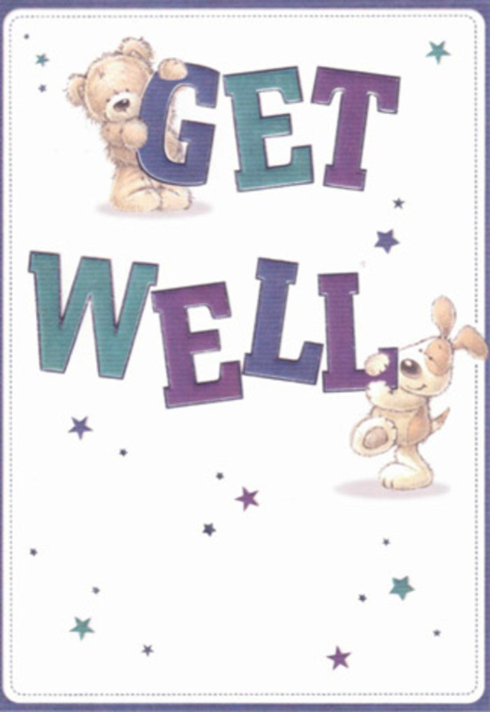 A scene filled with gentle encouragement unfolds in this get well card, where a winsome bear and joyful puppy take center stage, their playful interaction set against a rain of whimsical star motifs. The 'Get Well' message is confidently spelled out in generously sized letters, their velvety purple and teal hues echoing the vibrant displays found in Grays' bustling floral shops. Each character's soft, textured fur and lively, rounded expressions are rendered with irresistible appeal, inviting a sense of touch and emotional connection. Starbursts drift gracefully across the card's airy, white backdrop, their dance reminiscent of hope carried on a springtime breeze down High Street, imbuing the design with optimism. The overall effect is one of nurturing warmth and cheer, akin to the feeling of receiving a fragrant, hand-tied bouquet from a friendly local. Pairing this card with a delivery from a trusted Grays florist would amplify its message of encouragement-a bright, heartfelt gesture tailored for anyone needing a boost. The artistry here is thoughtful and uplifting, a visual reminder that kindness and recovery often bloom side by side along the Thames in Grays.