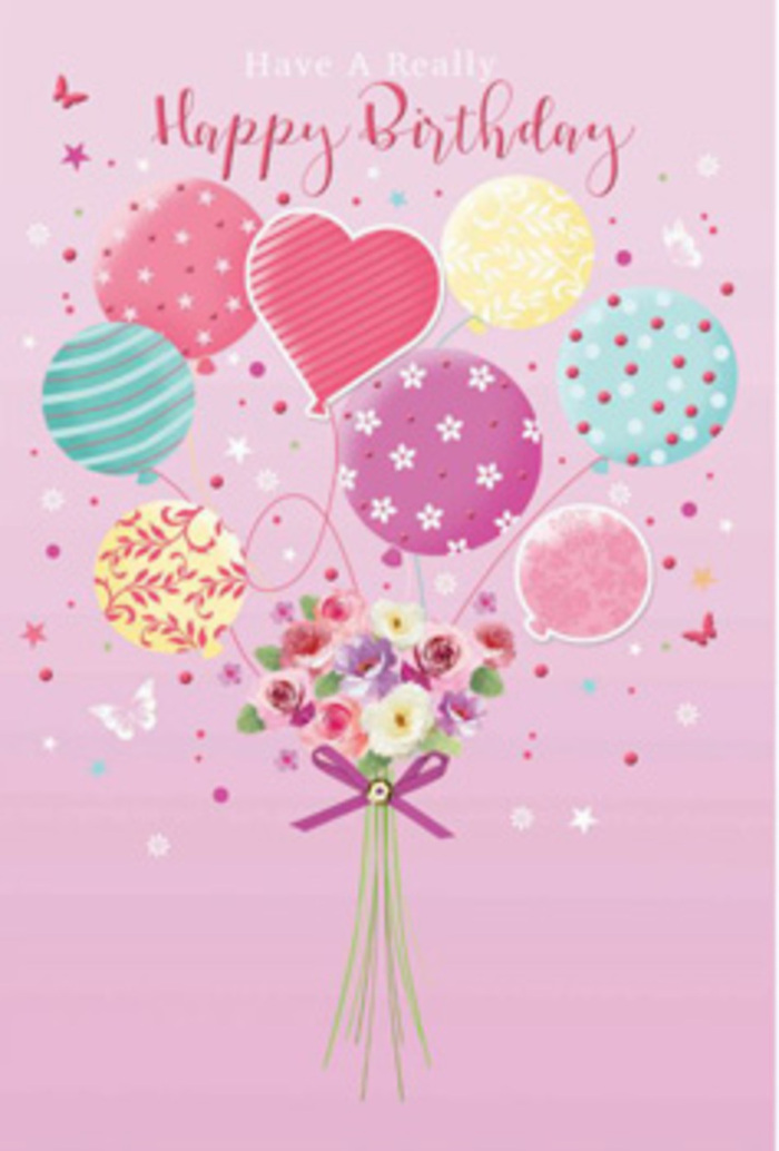 There is a soft sense of jubilation in this birthday card illustration, as if a little celebration has risen above the rooftops of Grays and is gently drifting along the river breeze. The backdrop is a gentle, powdery pink, and from the centre floats a bouquet of balloons in pastel hues: pale sunshine yellow, rosy fuchsia, mint green, and lavender lilac. Some balloons are round and glossy, others slightly elongated or heart-shaped, each one adorned with charming patterns-from candy-like stripes that spiral upward to polka dots that seem to dance in place. From this airy cluster springs a hand-tied bouquet of petite roses and daisy-like flowers, their petals tinted in a harmonious blend of cream, blush, soft rose, and dusky mauve. The blooms look freshly gathered, almost as if they were picked that morning for a birthday surprise near Grays Shopping Centre or a cosy home close to Grays Park. The stems are drawn together with a rich purple satin bow, its sheen catching the same soft light that highlights the balloons and petals. Around the arrangement flutter dainty butterflies and tiny stars, giving the impression of a daydream caught on paper-a still moment of confetti, colour, and happiness. The whole composition suggests care and expertise, the way an experienced florist in Grays might balance colour, texture, and movement to create a bouquet that whispers, rather than shouts, its message of love and birthday cheer.