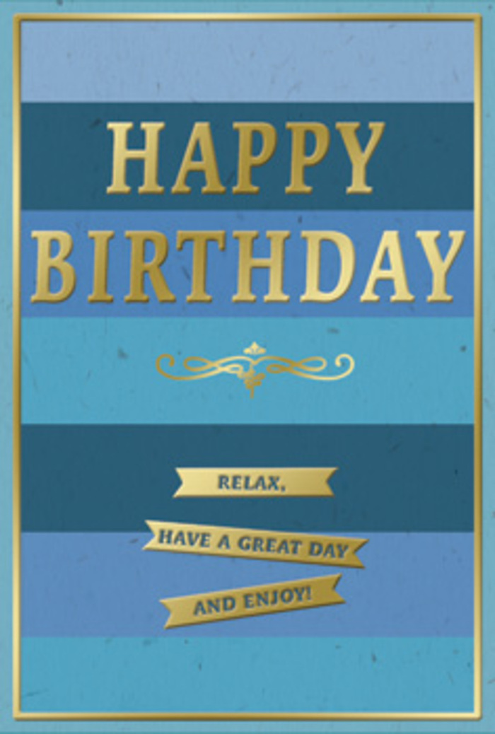 This thoughtfully designed birthday card features a harmonious tapestry of blue hues and refined gold detailing, giving it a calm, polished presence that would complement any birthday table in Grays. The background is made up of generous horizontal stripes, each stripe offering a slightly different blue-from deep navy through slate, denim, and teal, into a pale, airy sky blue towards the base. The progression between shades feels fluid and natural, like the gentle play of light along the river near Grays, and creates a sensation of depth without clutter. Dominating the central area, the phrase HAPPY BIRTHDAY is stamped in bold, capital gold letters, each one embossed to stand slightly proud of the surface. The gold foil has a soft, almost satin sheen, catching the light in subtle glints that bring the text to life without overwhelming the restful blues behind it. Directly below the greeting, a graceful golden flourish unfurls across the card, its looping lines suggesting traditional craftsmanship and a touch of romance. Beneath this flourish, three neatly aligned gold banners appear, each bearing part of the friendly, encouraging phrase: Relax, have a great day and enjoy! The banners create a structured, tiered effect that guides the eye gently downwards. Enclosing the entire composition, a slender gold border frames the card like a picture, giving it a finished, carefully considered look-much like a florist's final touch on an arrangement from Flower Delivery Grays. You can almost imagine the feel of the smooth card stock, the shallow relief of the embossed gold under your fingertips, and this card propped beside a vase of fresh birthday flowers, quietly reinforcing the message of rest, happiness, and simple enjoyment.
