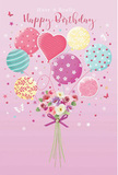 This whimsical birthday card design feels like a pastel celebration drifting over Grays, light and joyful as an early spring afternoon by the Thames. A cluster of balloons rises from the centre of a soft pink background, their colours blending in gentle pastels-powdery rose, mint green, buttery yellow, and lilac. Each balloon has its own personality: some swirl with candy-coloured stripes, others are dotted with playful spots, and a heart-shaped balloon sits near the centre, radiating quiet affection. Anchored beneath this airy parade is a hand-tied bouquet of petite roses and anemone-like blossoms, their petals softly textured in creamy ivory, blush pink, and faded mauve. The flowers feel freshly arranged, as though a local florist near Grays High Street has just finished tying the final stems together. A violet satin bow holds the bouquet firmly, its silky sheen catching the same delicate light that glints off the balloons and the edges of each petal. Tiny star shapes and fluttering butterflies drift around the arrangement, giving the card a touch of fairy-tale wonder, like confetti suspended in mid-air. The mood is sweet and celebratory, turning a simple birthday wish into something more personal and heartfelt-an illustrated echo of the warmth, colour, and floral craftsmanship you might find in a bespoke birthday bouquet delivered to a doorstep in Grays.