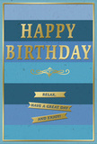 This elegant birthday card exudes a sense of composed celebration, built from layered blue tones and delicate gold accents that would look right at home on a windowsill in Grays. The background consists of wide horizontal stripes, each a distinct shade of blue, gradually shifting from deep, almost midnight navy at the top, through rich ocean and denim hues, into softer teal and pale sky blue towards the bottom. The progression is smooth and calming, reminiscent of watching the light change over the Thames from the riverfront. In the center, the words HAPPY BIRTHDAY stretch confidently across the card in bold, uppercase gold letters. The gold is embossed and lightly reflective, so it catches the light in gentle flashes, giving the text a sense of depth and importance without feeling brash. Just beneath the greeting, a slender golden flourish runs from side to side, its flowing curves suggesting a handcrafted detail that adds quiet sophistication. Below this flourish, three slim gold banners are stacked neatly, each ribbon carrying part of a warm, easygoing message: Relax, have a great day and enjoy! These banners echo the main text in a more intimate scale, pulling the viewer's attention toward the lower third of the card. A fine gold border encloses the entire design, framing the blues and providing a tidy, finished edge, like a well-kept front garden off London Road. You can almost feel the contrast between the raised, smooth foil and the velvety matte card beneath your fingertips. Paired with a hand-tied bouquet delivered locally, this card offers not only birthday wishes but a visual reminder to unwind and take pleasure in the moment.
